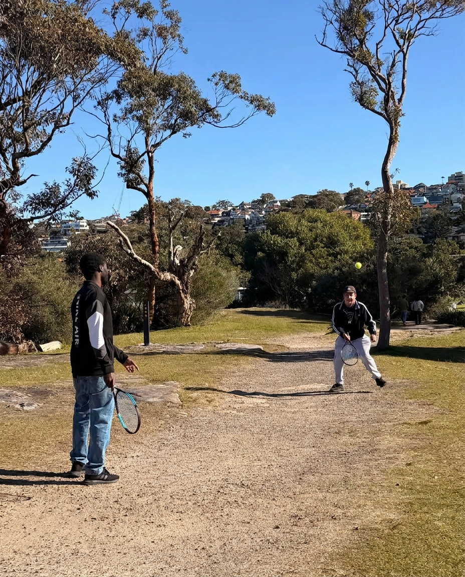 Two people hitting a tennis ball back and forth in a park on a sunny day