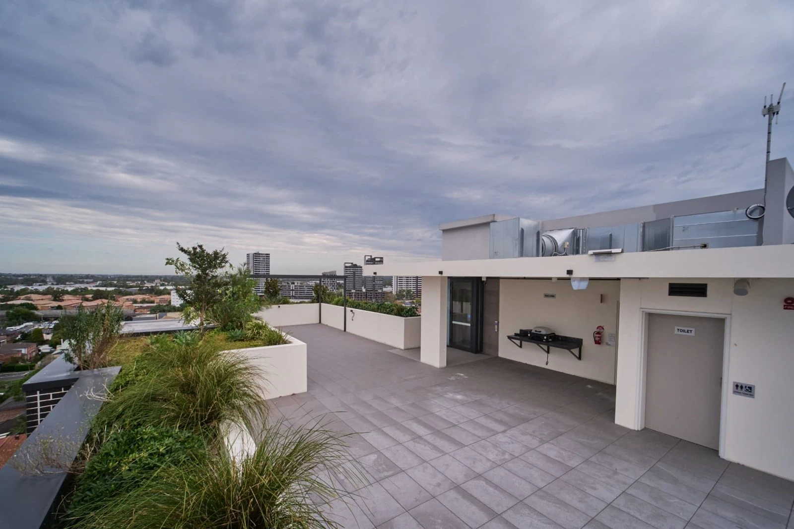 The rooftop terrace and barbecue area at Charles Street, looking out over Liverpool.