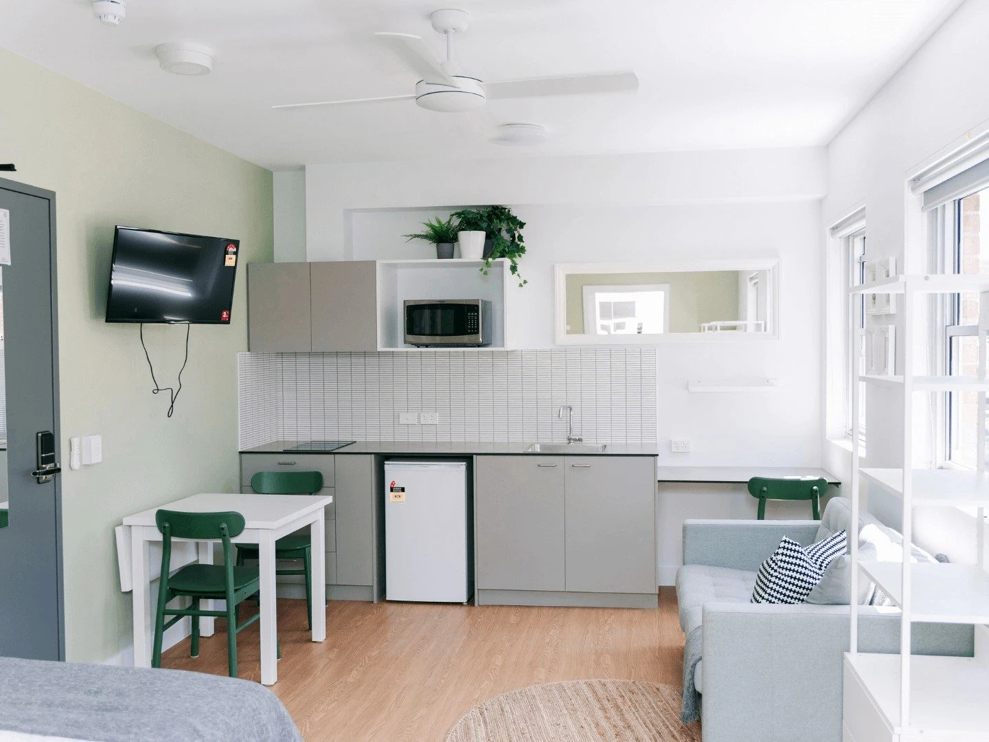 the studio living area and kitchen of an apartment at Randwick