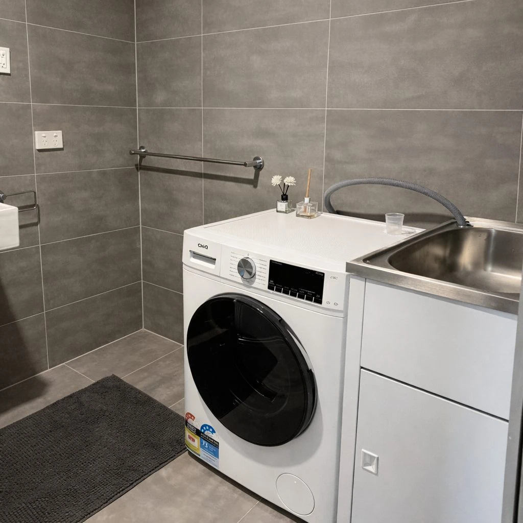 the bathroom and laundry of an apartment at Wyong